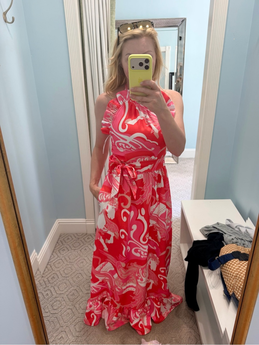 Women’s Boutique Pink & White Halter Maxi Dress with Tie Waist - XS